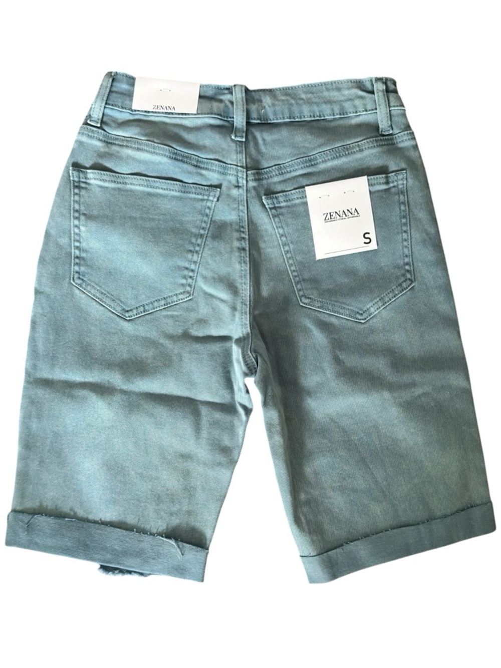 Zenana Sage Green Distressed Bermuda Shorts High Waisted Denim Cuffed NWT Small - Picture 2 of 5
